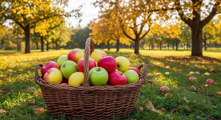 Ripe Apples in a Wicker Basket Orchard Autumn Harvest Season