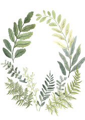 Green fern and leaves frame on transparent background, watercolor hand painted botanical border, lush foliage arrangement for card, invitation or natural themed design