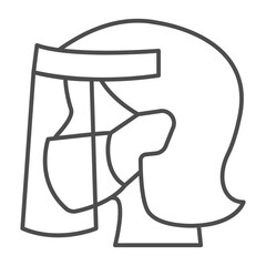 Woman head with antibacterial mask thin line icon, safety workwear concept. Vector graphics. Girl face with plastic mask sign on white background, outline style icon for mobile or web design.