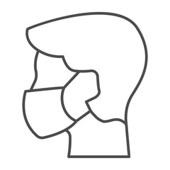 Man head with antibacterial mask thin line icon, safety workwear concept. Vector graphics. Boy face with disposable mask sign on white background, outline style icon for mobile or web design.