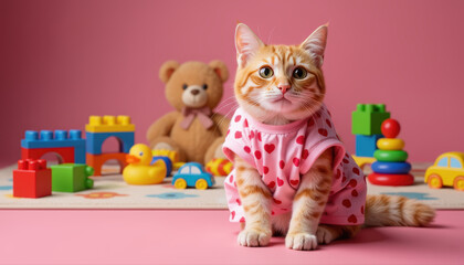 Naklejka premium Playful kitten wearing pink heart sweater sitting on pink background -