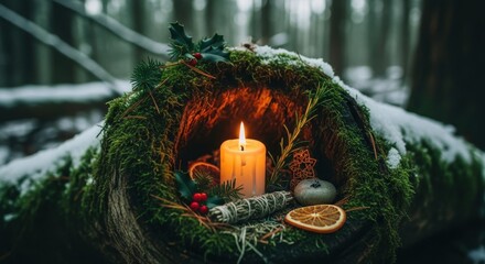 Winter forest altar with glowing candle nestled in mossy log