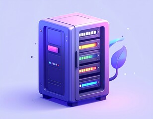 3D rendered server cabinet with vibrant colors and a subtle leaf