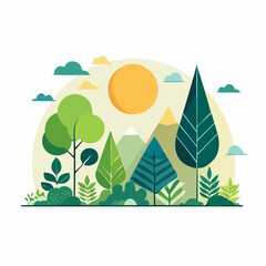 Bright Sunny Day Landscape with Green Trees and Mountains