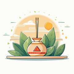 Sunrise Landscape with Incense Burner and Leaves