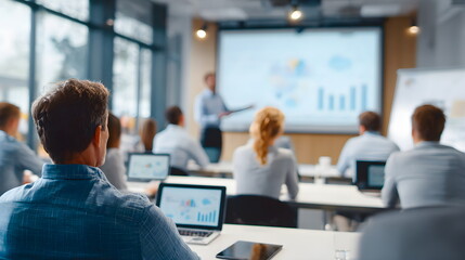 Group of professionals attending a business presentation in a modern conference room, focused on the speaker and visual data displayed on a large screen, engaging in collaborative learning