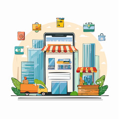 Mobile Ecommerce Business Shopping Online Store Cityscape Illustration