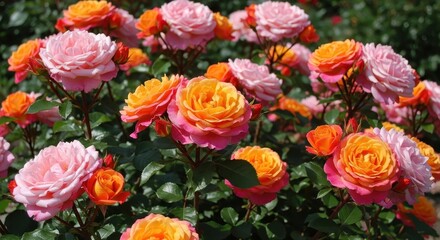 Vibrant Mix of Pink and Orange Roses Blooming in a Garden