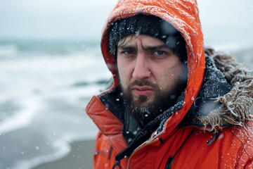 People Freezing at the Seaside During Cold Winter Vacation with Snow on Beard and Face Generative AI