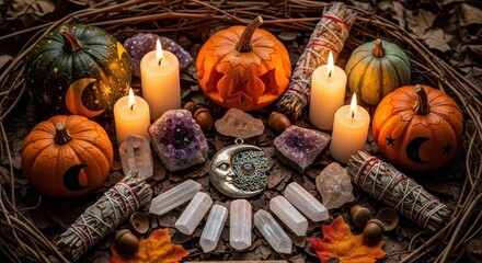 Mystical Autumn Altar Arrangement With Pumpkins Candles Crystals Sage And Autumn Leaves