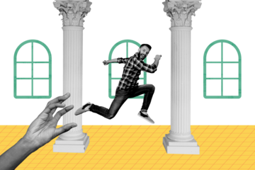 Composite creative art collage of excited man run museum gallery sculpture column gallery hand indoor isolated on painted background