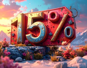 15% off sale graphic with 3D text, rocks, and flowers