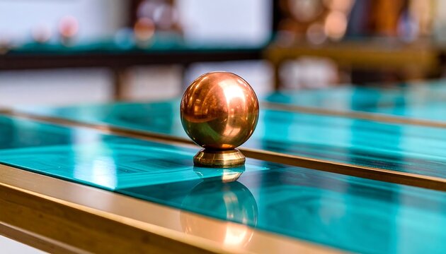 Copper sphere on teal glass table