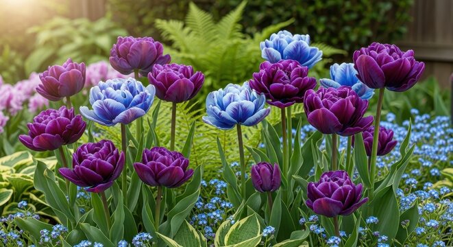 Vibrant Double Blooming Tulip Flowers in a Lush Garden Setting