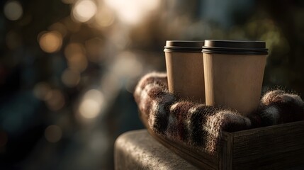 Two warm takeaway coffee cups nestled in a cozy blanket holder bathed in soft morning light outdoors