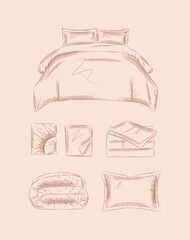 Bedding elements set with pillow, folded blanket, sheet, bed for bedroom drawn in graphic style on beige background