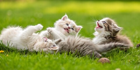Selkirk Rex kittens play together with a smile on a green lawn.