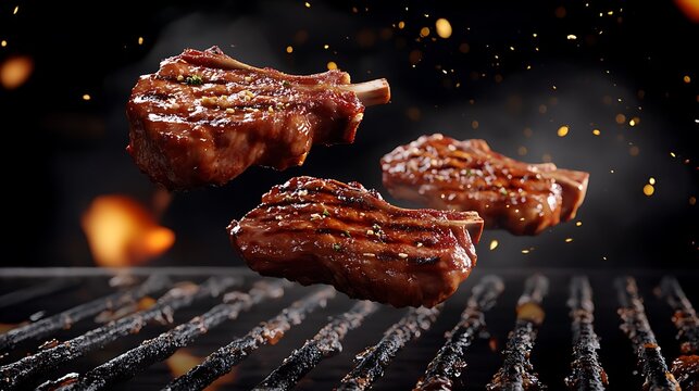 Dynamic Hot Grilled Ribs Over Smoky BBQ Fire Sparks