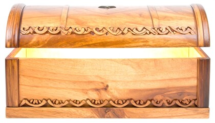 Wooden treasure chest open, lit from within