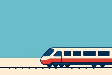 Vintage style train traveling along a track under a clear blue sky