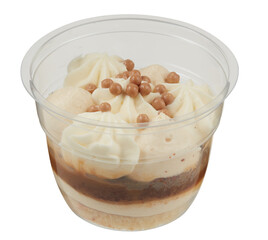 Layered cream cake with chocolate in a clear plastic cup cut out isolated transparent background