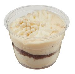 Cream cake in a clear plastic cup cut out isolated transparent background