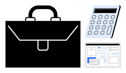 Black briefcase, digital calculator, and document interface screen highlighting workplace tools. Ideal for business, finance, office work, accounting, organization productivity education. Simple