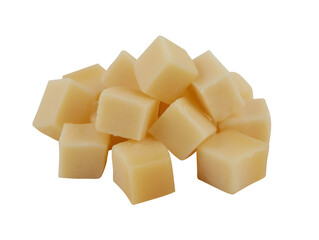 Pile of various cheese cubes cut out isolated transparent background