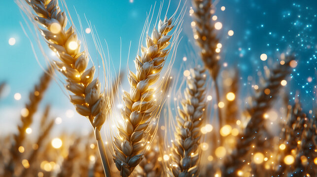 Digital field of crops merging with glowing tech grids and renewable energy symbols, palette of golden wheat, sky blue, and forest green, concept of sustainable agriculture and bio economy