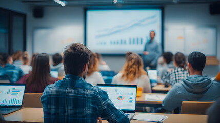 Group of diverse students attentively engaged in a classroom setting, focused on a presentation with charts and graphs displayed on a screen, enhancing learning experience