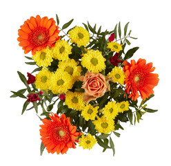 Yellow and orange chrysanthemum bouquet with branches and leaves, top view cut out isolated transparent background