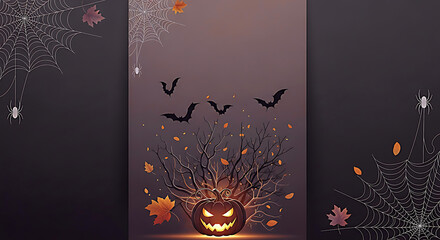 Spooky halloween pumpkin with glowing eyes and bats flying in a dark night sky