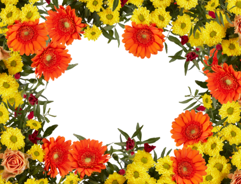 Flower frame Yellow and orange chrysanthemum bouquet with branches and leaves, top view cut out isolated transparent background