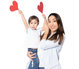 Happy mother and beautiful little daughter holding showing hearts isolated on transparent background. Motherhood concept.