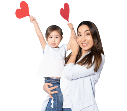 Happy mother and beautiful little daughter holding showing hearts isolated on transparent background. Motherhood concept.
