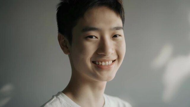Young asian man with eyes closed to a natural smile transition against gray backdrop, happy lighthearted mood for wellness content footage.