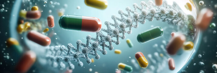 visualization of a cell containing DNA strands surrounded by colorful capsules
