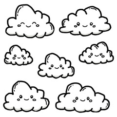 Illustration of cute cartoon clouds with happy faces isolated on transparent background