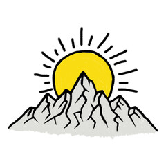 Illustration of mountain range with rising sun isolated on transparent background
