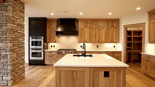 Immersive walkthrough of a spacious, modern rustic kitchen that blends natural materials with sleek, contemporary design elements.