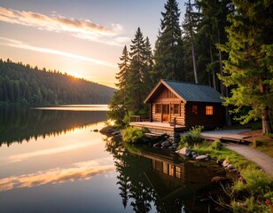 Fototapeta premium Serene cabin by a lake at sunrise (1)