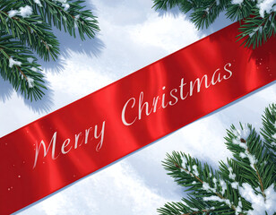 Elegant "Merry Christmas" script on a red satin ribbon laid diagonally across a snowy background with festive pine branches.