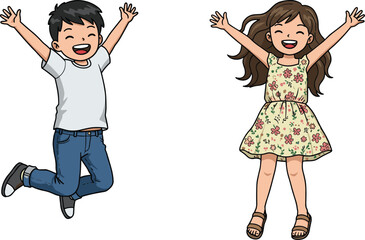 Cartoon children jumping, happy boy and girl illustration, joyful kids with arms raised, fun childhood moment, smiling students, energy, excitement, play