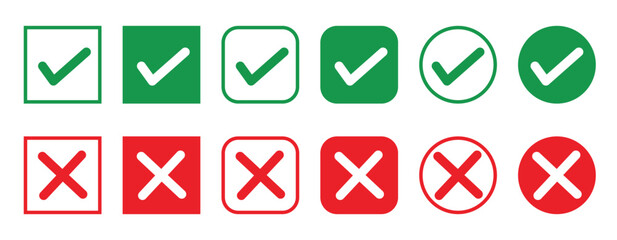 Green Tick and Red Cross Icons Set, Colorful Check Mark and Cancel Buttons, Square and Circle Symbols for Success, Error, Approval, Reject, Forms, Web, Apps and UI