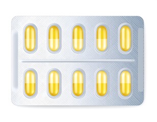 A blister pack of yellow capsules