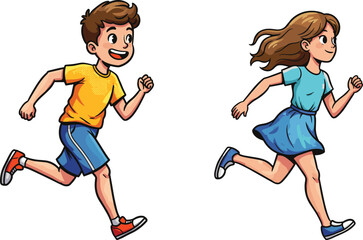 Cartoon children running, active boy and girl illustration, happy kids exercise, outdoor play, fitness, smiling faces, healthy lifestyle, fun activity