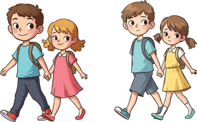 Cute cartoon children walking together, happy kids holding hands, school students friendship, boy and girl illustration, childhood friendship, education concept