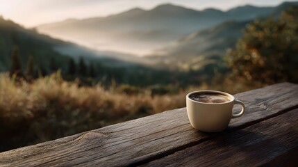 A warm cup of coffee rests on a weathered wooden surface gazing upon a serene mist filled mountain valley during the golden hour sunrise