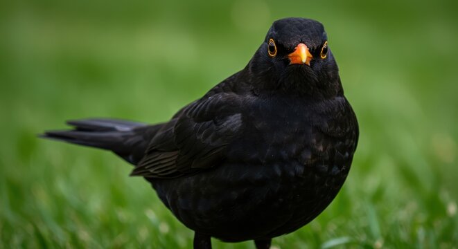 Close-up of a male blackbird with vibrant orange beak and yellow eyes staring intently on green background