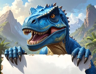 A blue dinosaur holds a blank sign